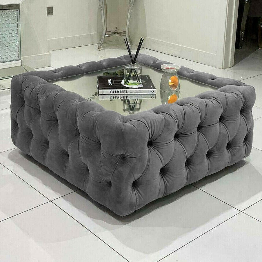 Square Chesterfield Upholstered Glass Top Coffee Table Foot Stool Pouffe - SJ Dream Beds